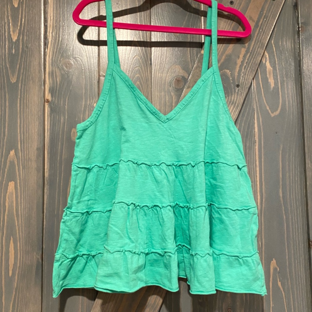 American Eagle (AE) Green Tiered Flutter Tank Top with Adjustable Straps - Small